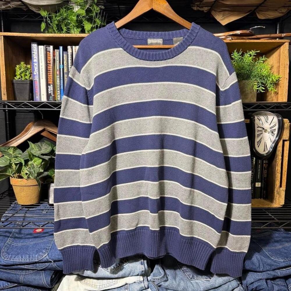Vintage Y2K St. John's Bay Striped Knit Sweater Blue Gray Sweatshirt Mens XL